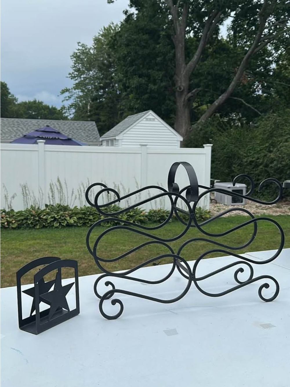 Wrought iron napkin holder and wine rack set